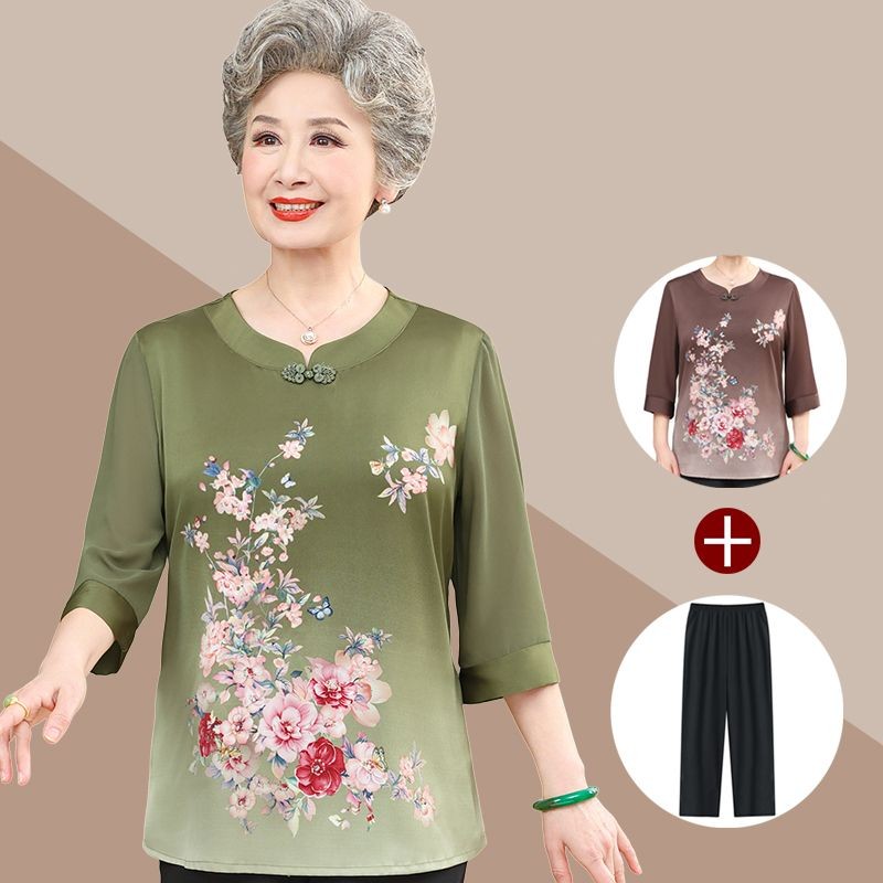 Atasan kaos ibu musim panas setelan setengah baya setelan setengah baya musim panas kemeja kecil nen