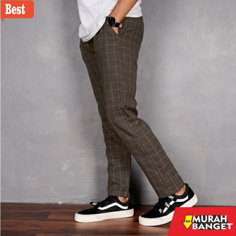 celana chino panjang pria Celana Chino Tartan Pria Ankle Pants Motif Kotak Kotak Panjang Cowok Salur