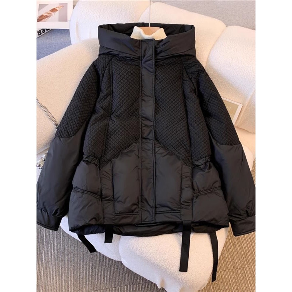 

2024 Winter New Large Women's Down Cotton Coat Spliced Solid Color Loose Hooded Parkas