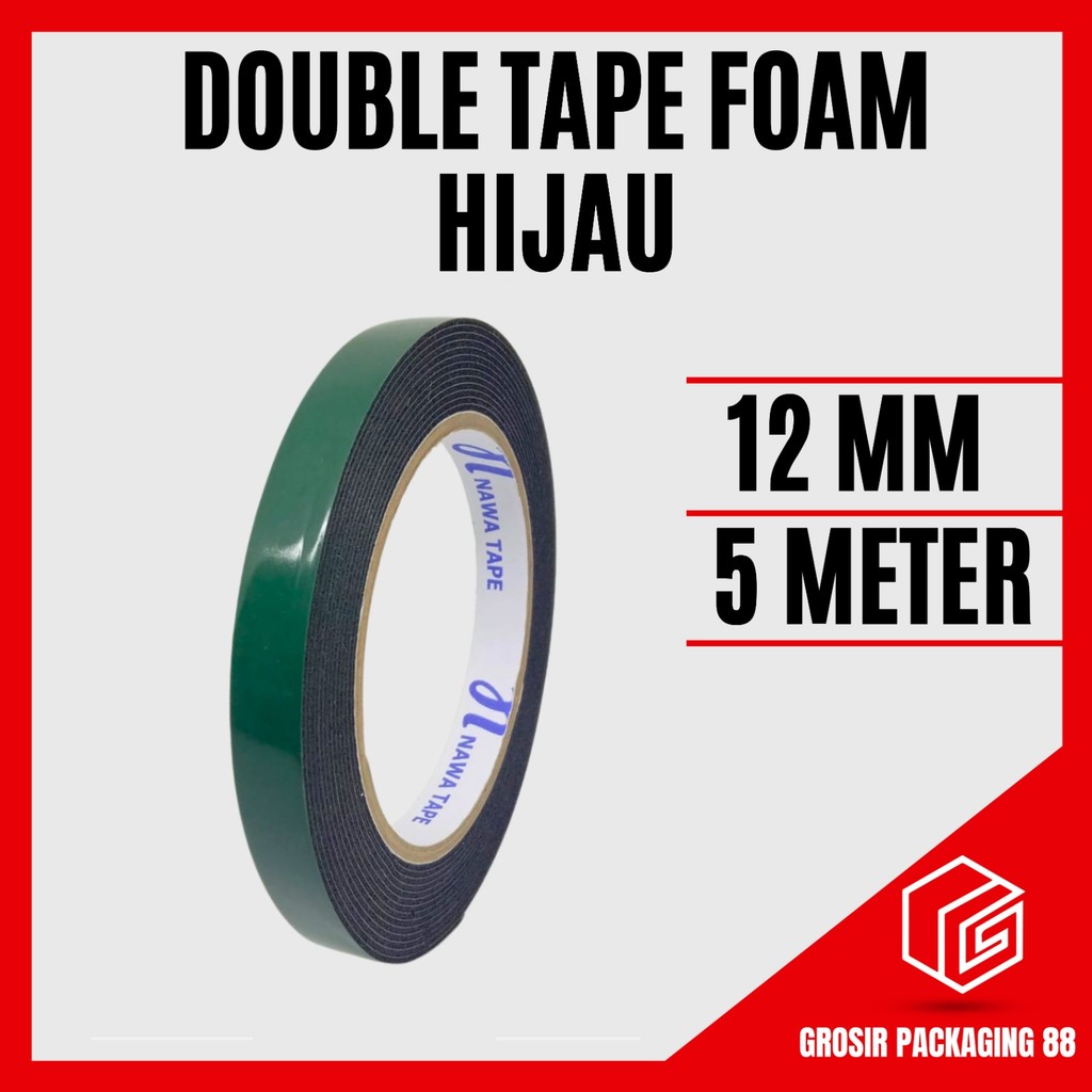 

Double Tape Foam Hijau 1/2" Inch 12MM 5M Solatip Isolasi Bolak Balik Lakban Dua Sisi Dobel Sided Tape Perekat Busa Bukan Nachi