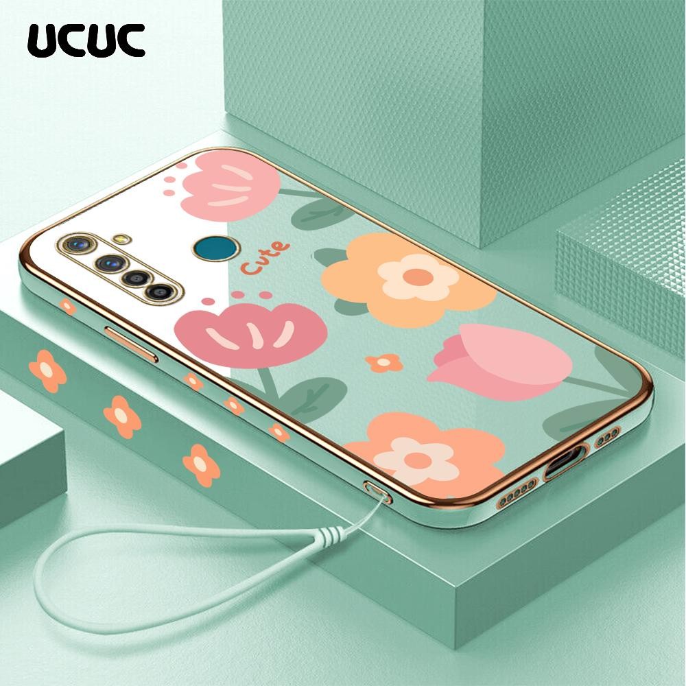 UCUC Realme 5 Pro (Lanyard Gratis) Untuk Casing Hp Softcase Kesing Cartoon Square Edge Pattern Desig