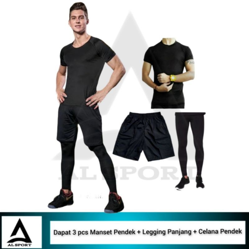 Full set Olahraga Pria Baju Manset Lengan Pendek Kolor Dan Legging