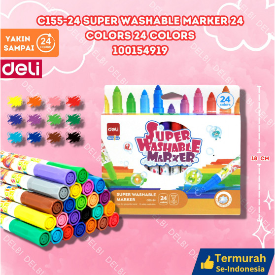 

Deli Washable Marker / Spidol Warna Anak 24 Warna Mudah dicuci Tersertifikasi Aman EC155-24 C155-24 Super Washable Marker 24 Colors 24 Colors