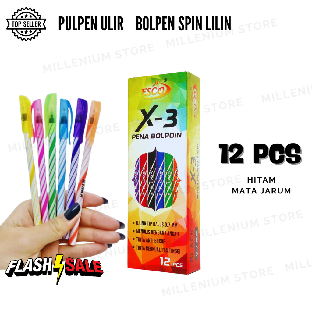 

12 Pcs (1 Pak) Pulpen ulir / Hitam / Mata jarum / Bolpen spin ulir lilin / Pena ulir / Pulpen termurah berlualitas / Duta Gemilang