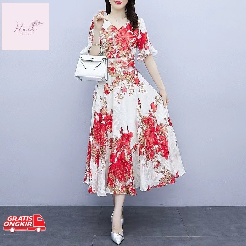 Dress Korea / FAN 2024 Gaun Panjang Bermotif Sifon Korea/long dress korea/dress korean style