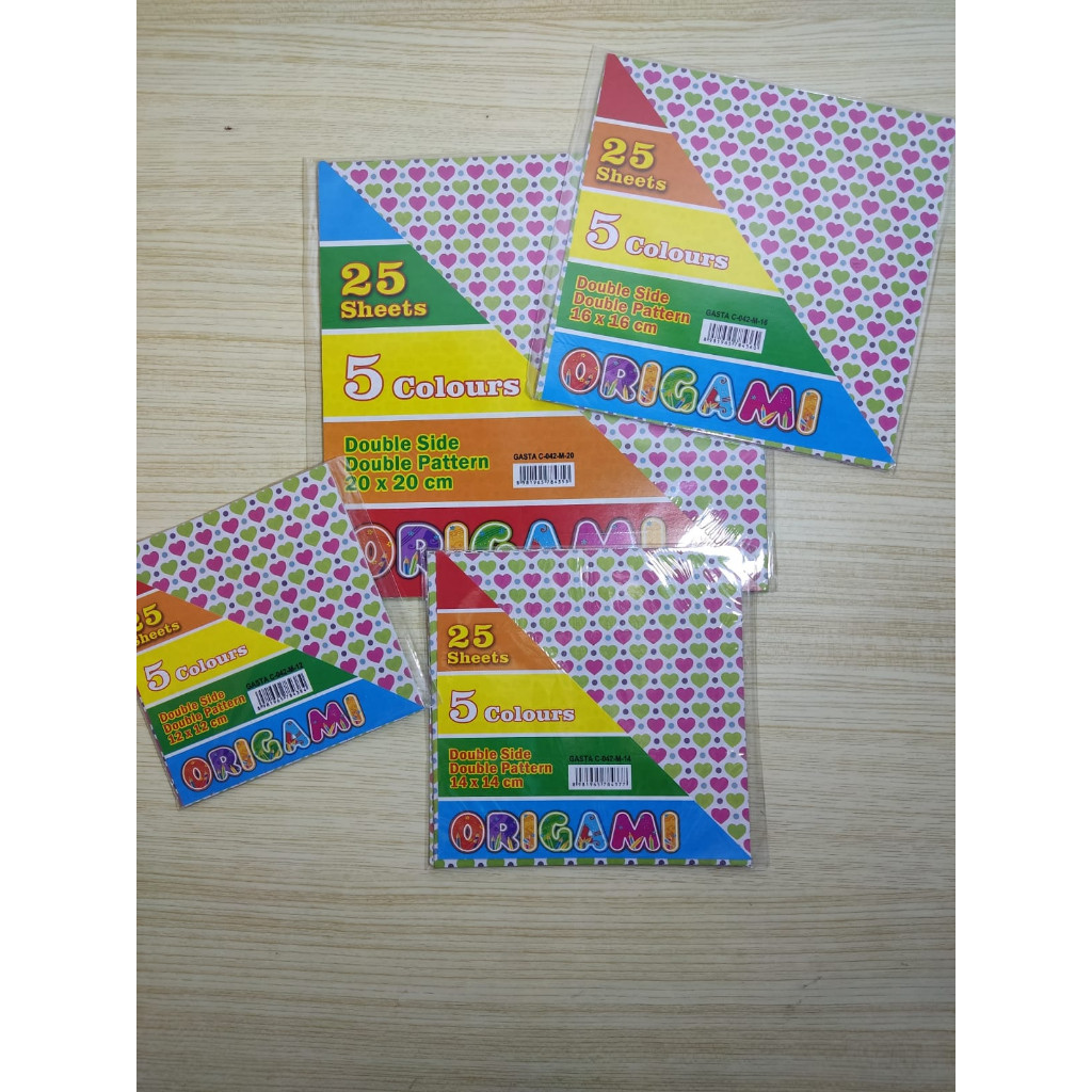 

GYBR Kertas lipat Origami MOTIF bolak balik. 1 pak isi 25 lembar, 5 motif, motif bolak balik