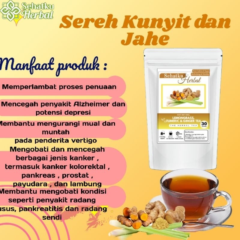 

SEHATKUHERBAL Teh Serai Kunyit dan Jahe : Lemongrass Tumeric Ginger tea isi 30 tea bag