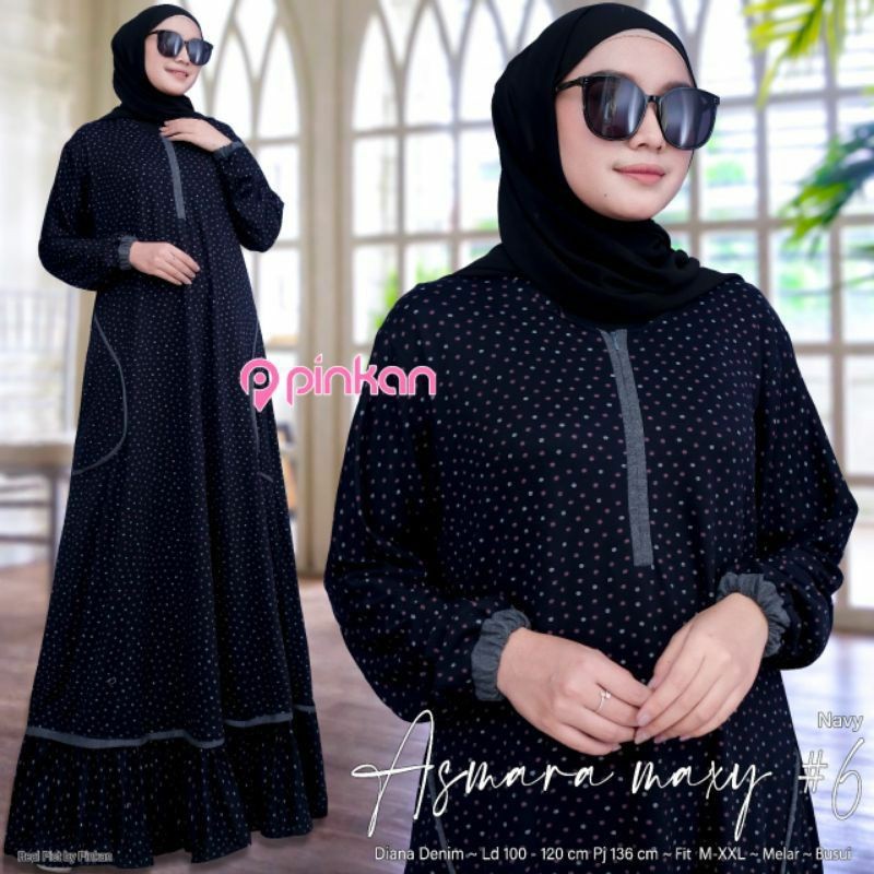Gamis wanita calvin diana denim jumbo busui friendly terbaru ASMARA MAXY POLKA by Fashion muslim sol