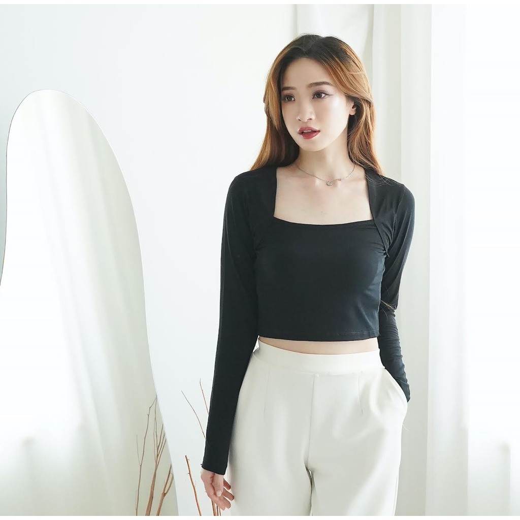 ELGRACE - Baju Longsleeve Crop Top Baju Lengan Panjang Wanita Crop Tee Square Neck 084