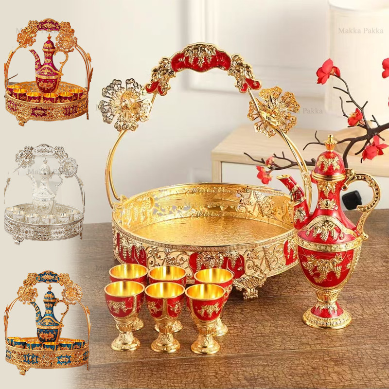 8pcs Set Gelas Anggur Kendi Ornamen Emas / Set Teko dan Cangkir Vintage / Ukiran Indah Bergaya Eropa