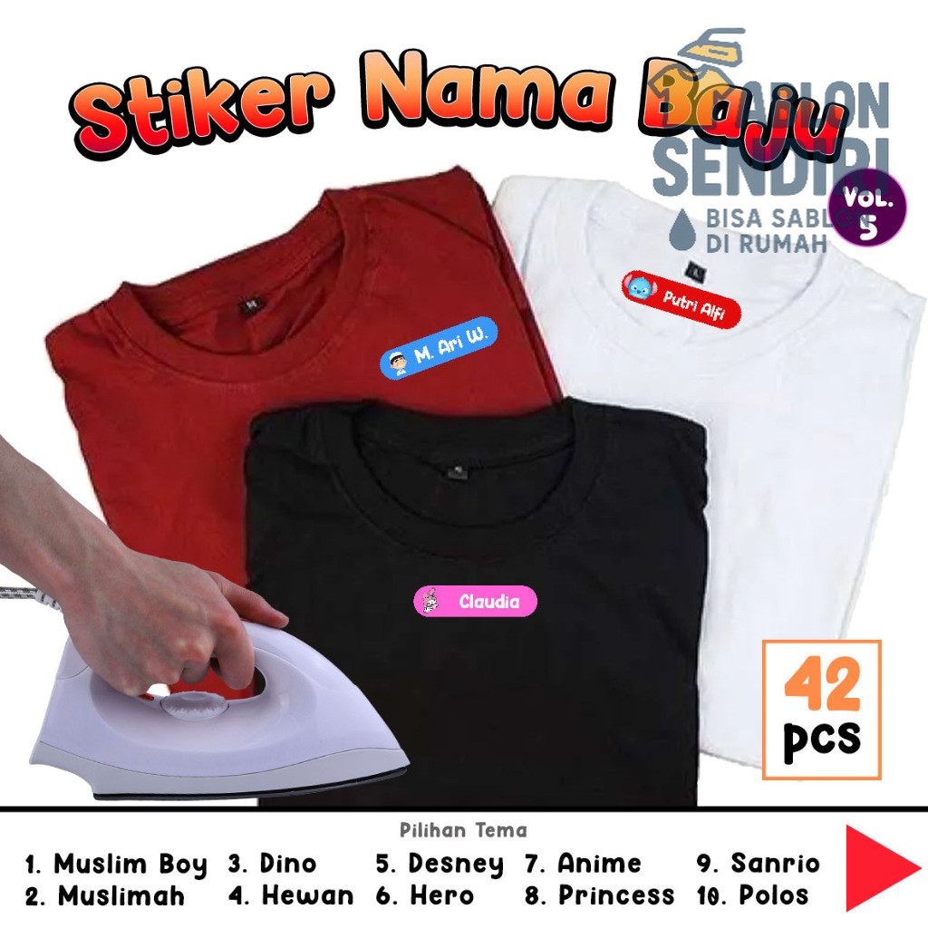 

STIKER BAJU NAMA CUSTOM - Vol.5 Per Tema / Stiker Kain Kaos Lucu/ Setiker Sablon Setrika - 42pcs