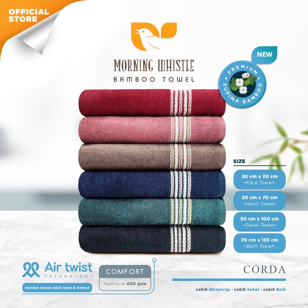 Handuk Morning Whistle Supima Bamboo Towel - Corda / Handuk Mandi Dewasa 70x135cm 50x100cm 30x70 cm 
