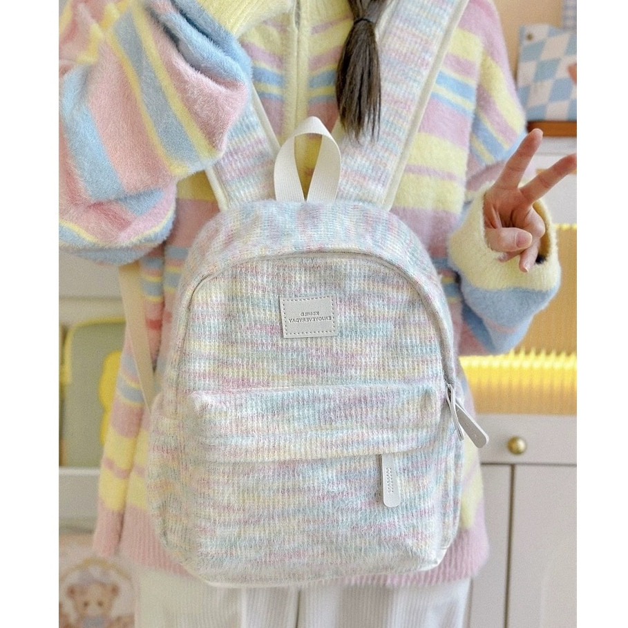 VI86 【Besar】Pelangi mewah rajutan  tas sekolah Jepang wanita tas bahu ransel laptop volume tinggi ba