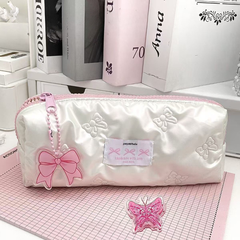 

1 Piece INS Simplicity Cute Pencil Case for Kids Girl Cream Color Bow Fashion Makeup Case Large Capacity Stationery Storage Bag