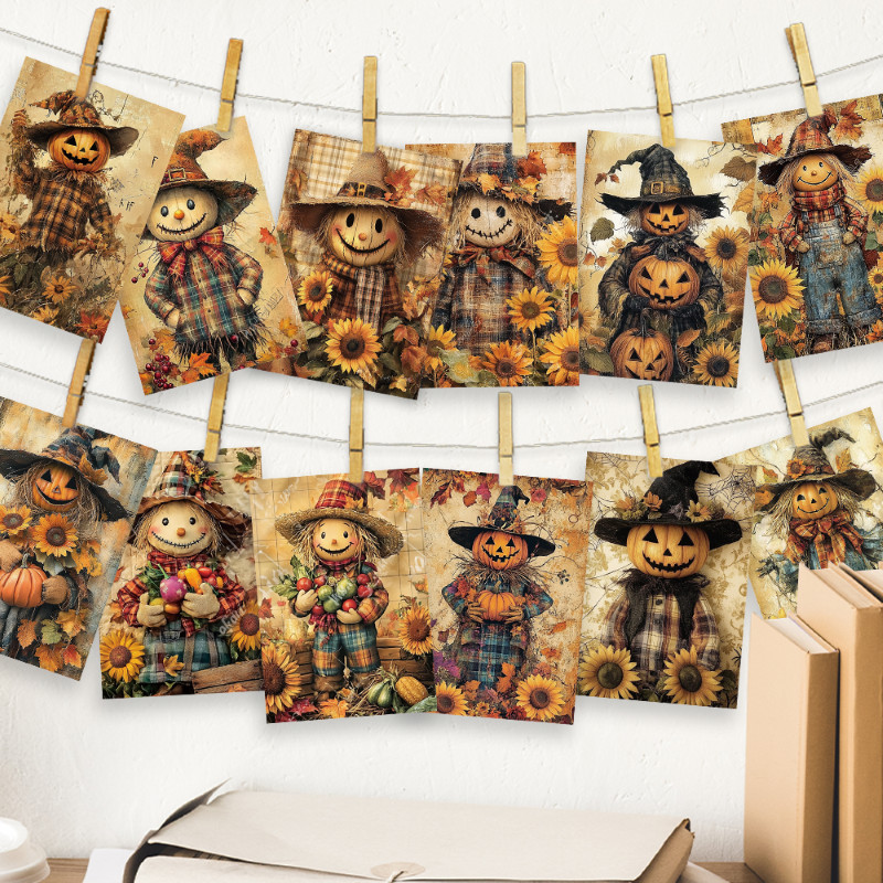 

32pcs, vintage autumn scarecrow postcards, autumn harvest, birthday/anniversary gifts, collectible, giftable, and mailable