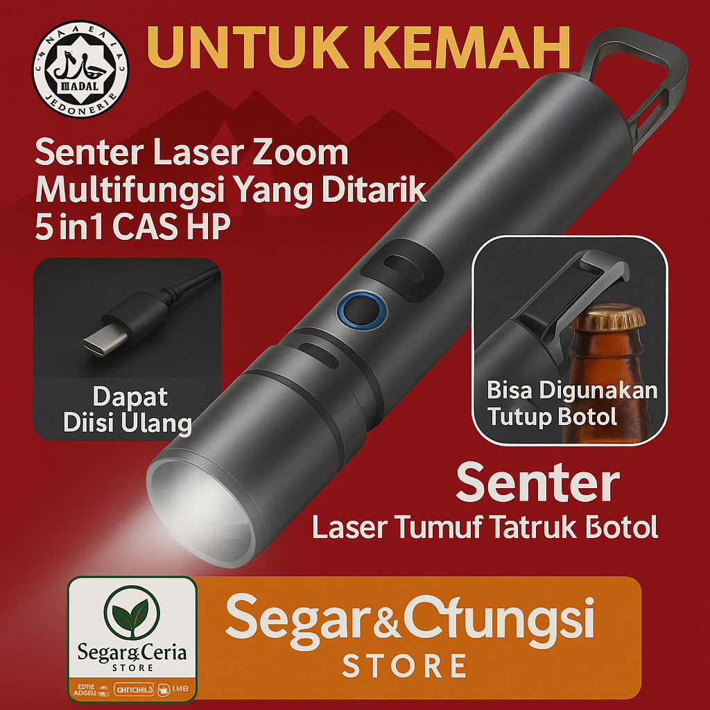 Penerangan Berkemah/1800mah Senter Laser Zoom Multifungsi Yang Ditarik 5in1 CAS HP/Senter Cahaya Kua