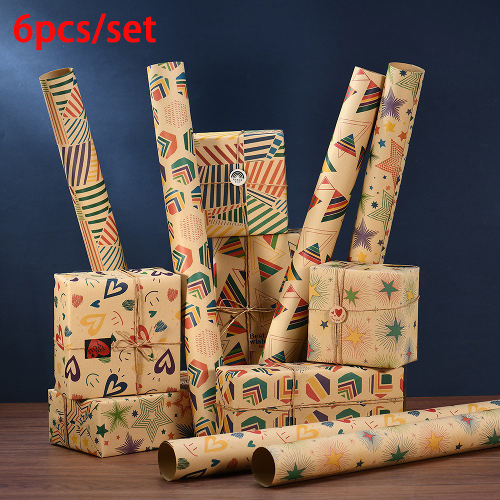 

6 Types of Star Heart-shaped Gift Wrapping Paper Retro Kraft Paper Birthday Gift Wrapping Paper Children's Gift Wrapping Paper