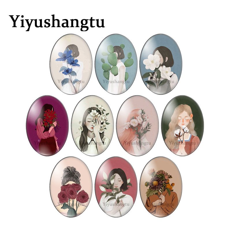 

Beauty girl With flowers art images 10pcs mixed 13x18mm/18x25mm/30x40mm Oval photo glass cabochon flat back Making findings