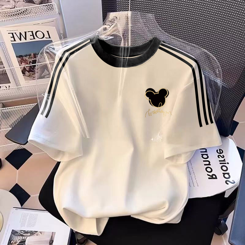 KOIKOO Kaos Wanita Kekinian Lengan Pendek Simple Mickey Mouse Print Three Bergaris Bahu Kaos Longgar
