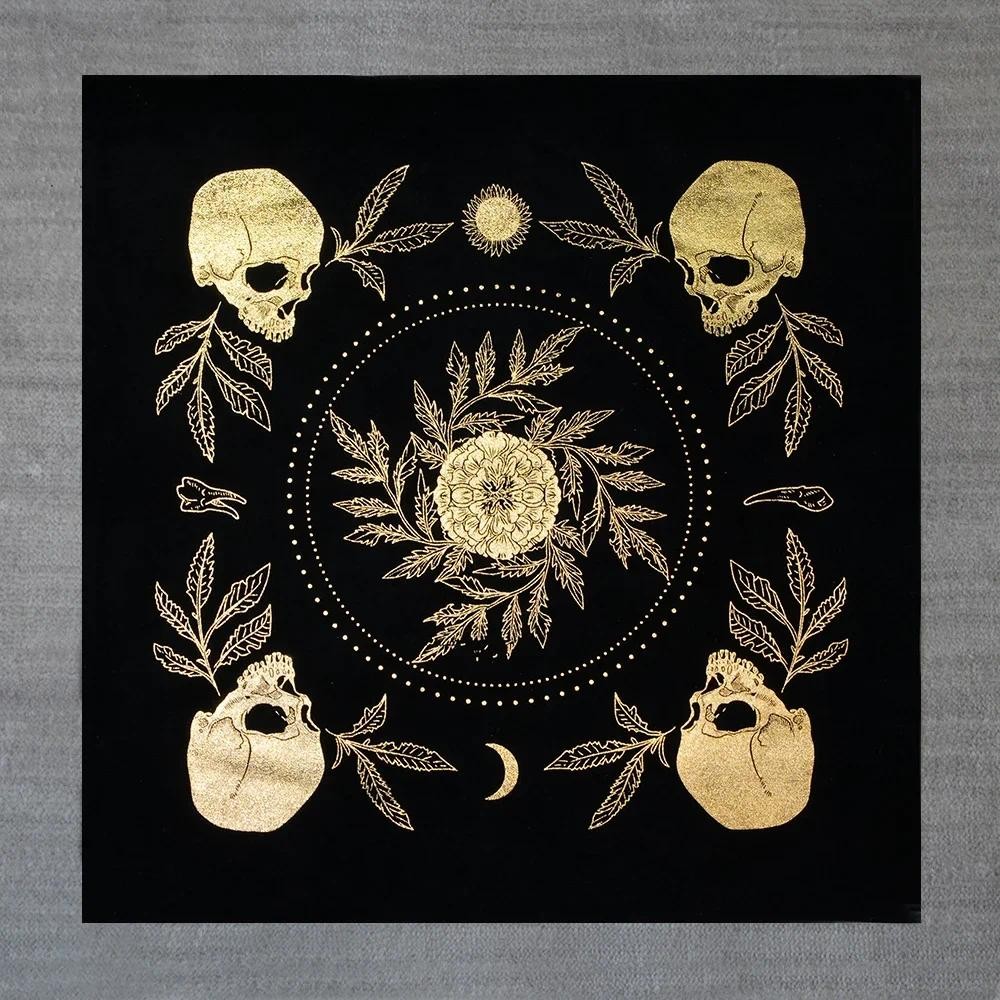 

Tarot Cloth for Any Tarot Cards Altar Cloth Foil Stamped Teeth & Bone the Sun Moon Skulls Teeth and the All-important Marig