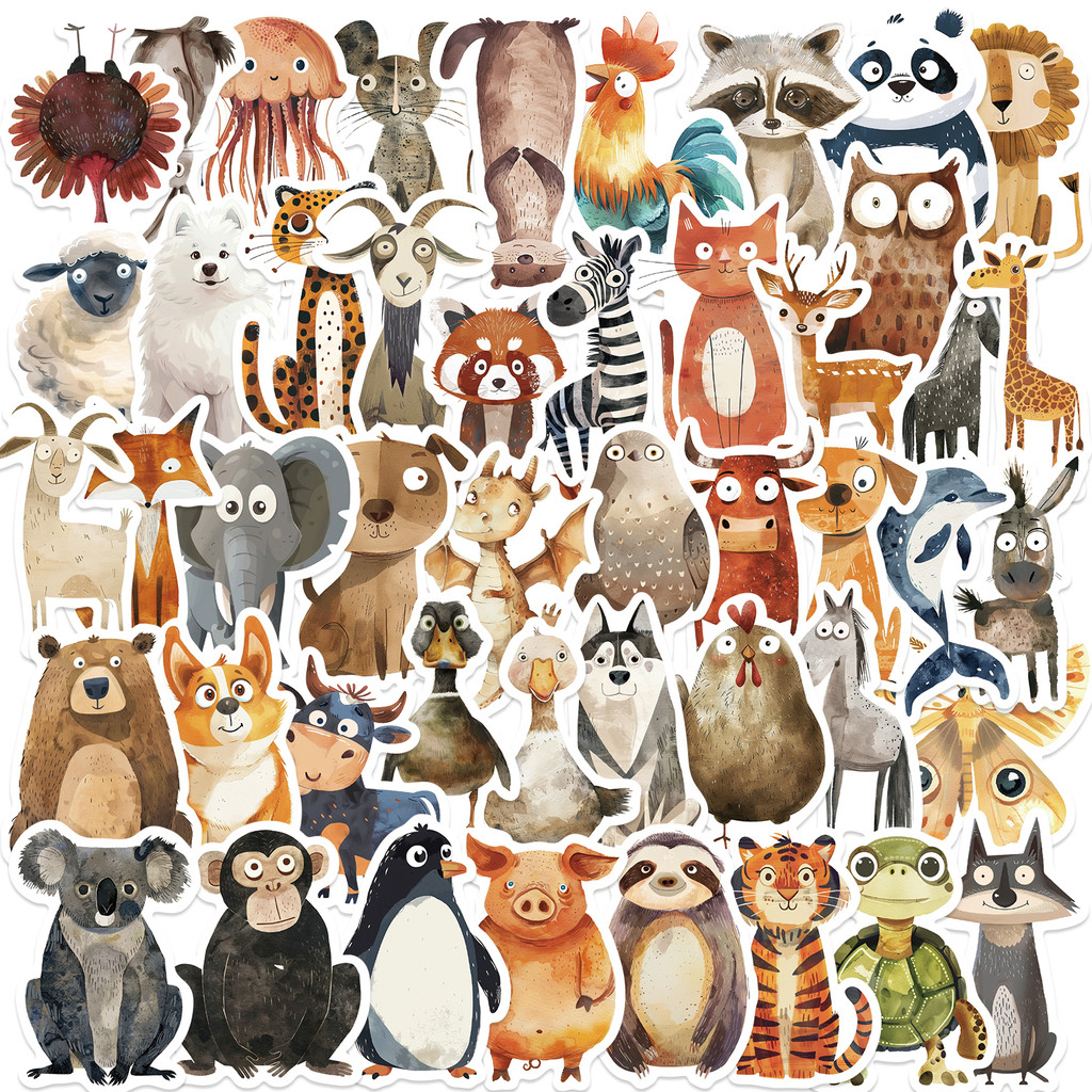 

50PCS Cute Strange Watercolor Animals Stickers DIY Laptop Phone Luggage Cup Waterproof Graffiti Bicycle Car Cartoon Decals
