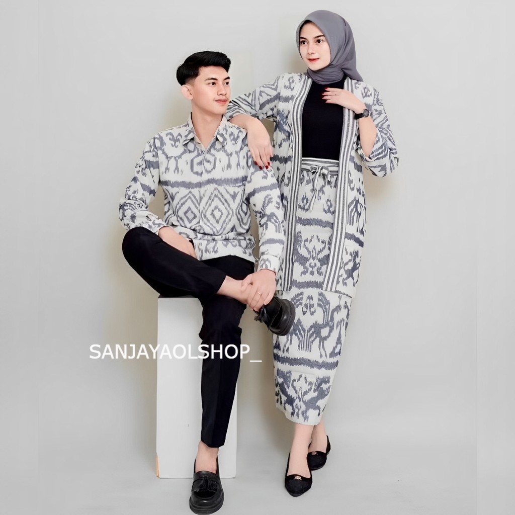BAJU COUPLE TENUN MADAM WHITE GREY OUTER DAN ROK TENUN NTT BAJU TENUN COUPLE BAJU KONDANGAN PREWEDDI