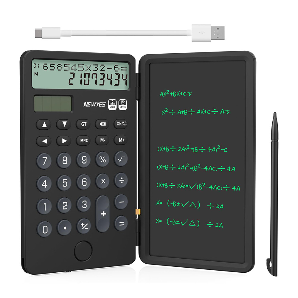 

Portable Calculator with Notepad 2-Line 12-Digits Large Display Rechargeable Solar Power Desk Calculator for Office School Black