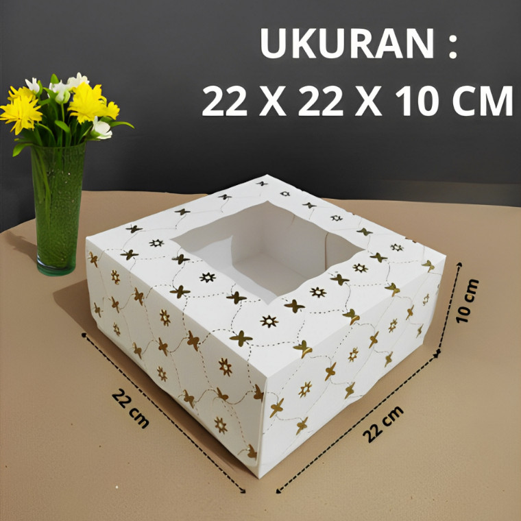 

(10 Pcs ) Box Dus Premium Kotak Kue Hampers Cake Roti Cookies 22 cm x 22 cm x 10 cm Batik emas Ivory