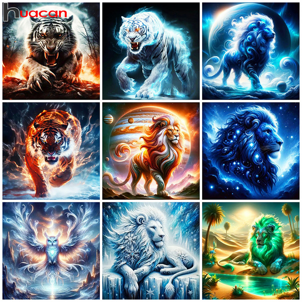 

Huacan Full Diamond Mosaic Animal Lion Complete Kit 5d Diy Drill Painting Tiger Fantasy Art Home Decorative Rhinestone Pictures