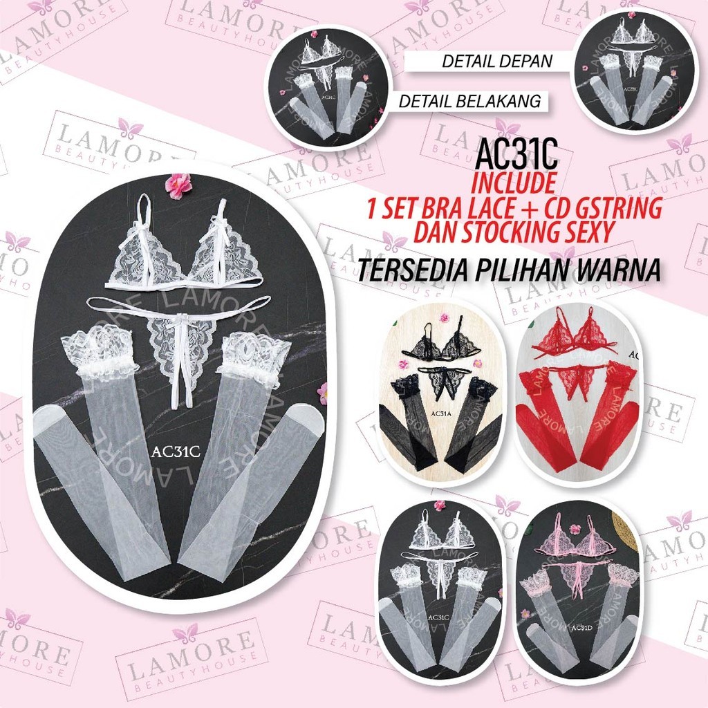 Set Bra Cd G String Underwear Wanita + Stocking Lace Putih Ac31C