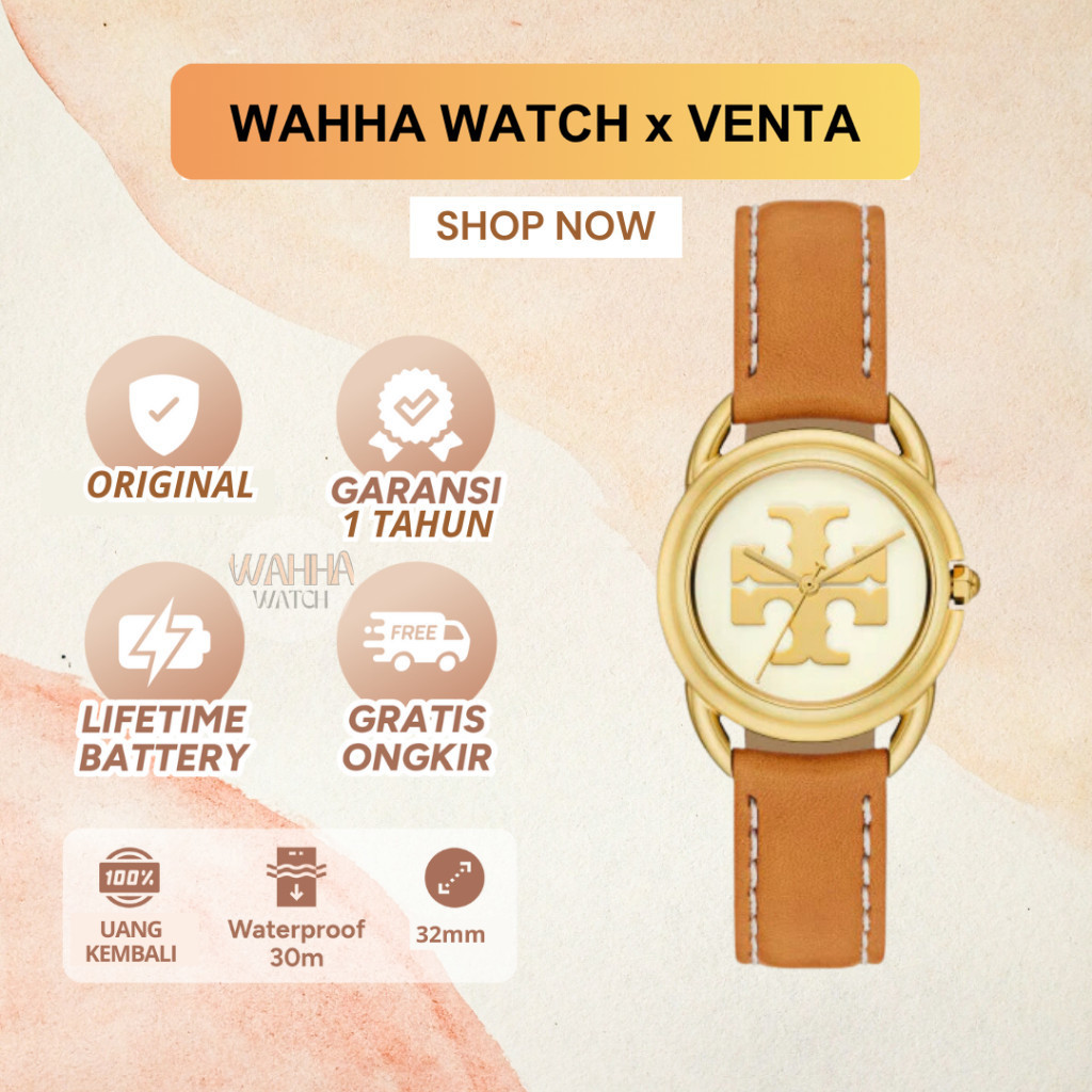 Jam Tangan Wanita Tory Burch Miller TBW7226 Ladies Glossy Cream Gold Dial Dual Tone Brown Leather St