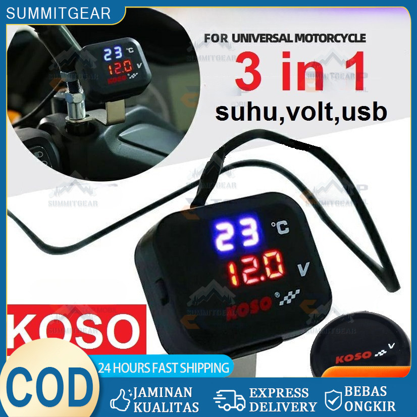 Voltmeter Koso 3 In 1 USB Charger Universal SEMUA MOTOR Anti Air Original Termometer Digital Jam Suh