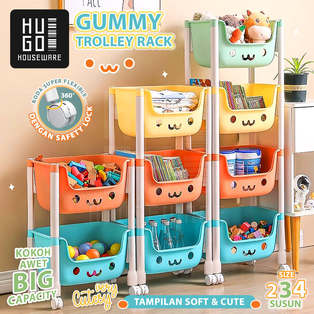 

HUGO Rak Troli Susun Plastik Rak Penyimpanan Mainan Anak Rak Buku Serbaguna Rak Dapur Dorong Rak Toilet Kamar Mandi dengan Roda