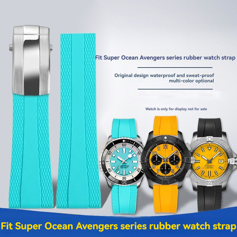 22mm Rubber Watchband Folding buckle for Breitling Superocean Avenger Heritage Blue Black yellow Sil