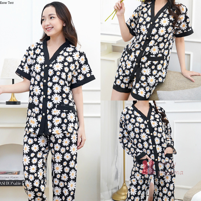 EMILY PIYAMA Baju Tidur Set Piyama Model Sunflower Satin Kancing Depan Fit Pakaian Tidur Wanita Dewa