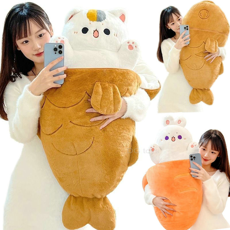 80X45cm Kawaii Taiyaki Cat Plush Toy Rabbit Hiding in  Carrot Dog in Big Bones Ferry Animals Plushie