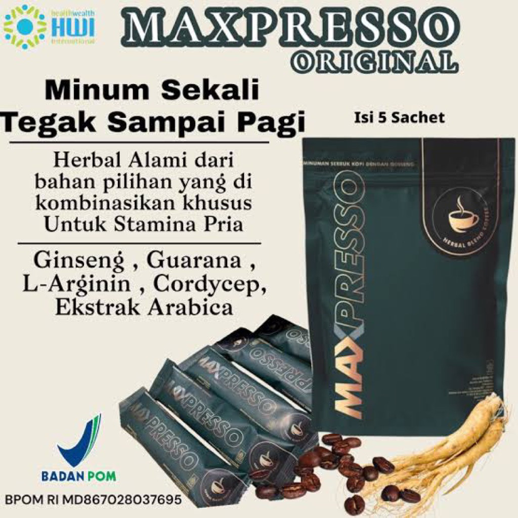 

maxpresso hwi / MAXPRESSO HWI ORIGINAL 100% / MAXPRESSO HWI BPOM ISI 5 SACHET / MAXPRESSO KOPI HWI ASLI ORIGINAL