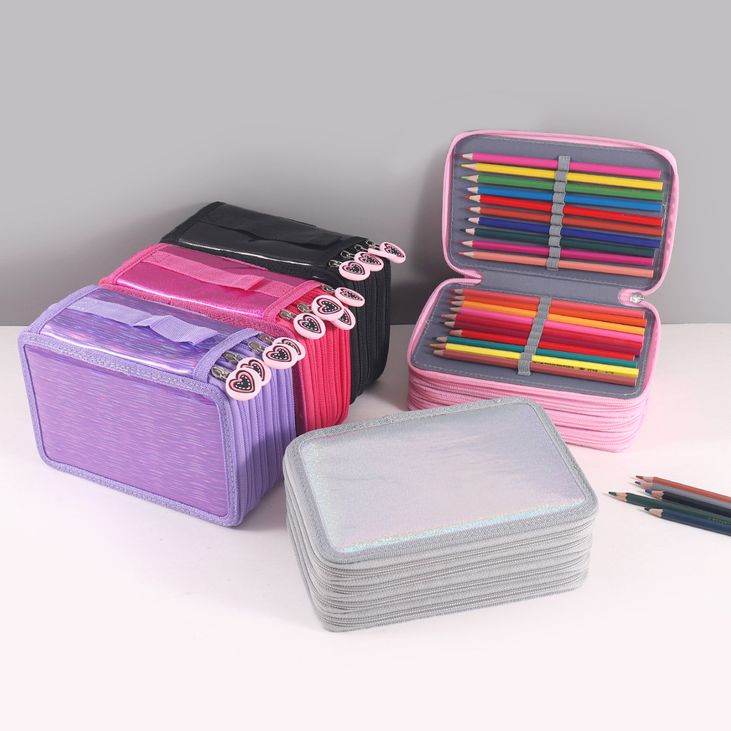 

1pc Four-layer Glossy Finish Pencil Case With Durable Handle Portable School Stationery Storage Pencil Case Heart Pattern Zipper