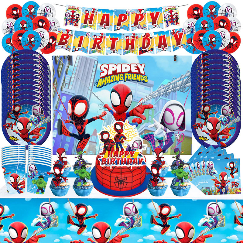 

Spidey Birthday Decoration Tableware Cups Plates Balloon Backdrop Banner For Kids Spidey And His Amazing Friends Party Supplies
