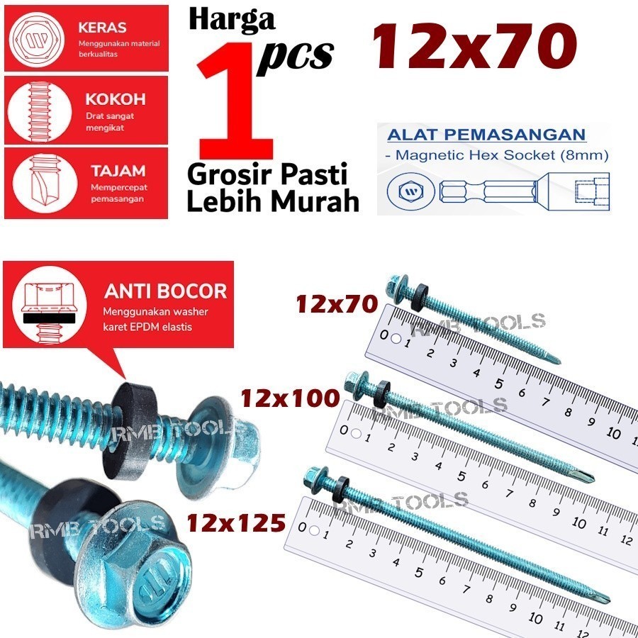 Sekrup Baut Roofing SDS Putih Atap 12 x 70 Brand Wilson Baja Ringan Kepala Hex 8mm