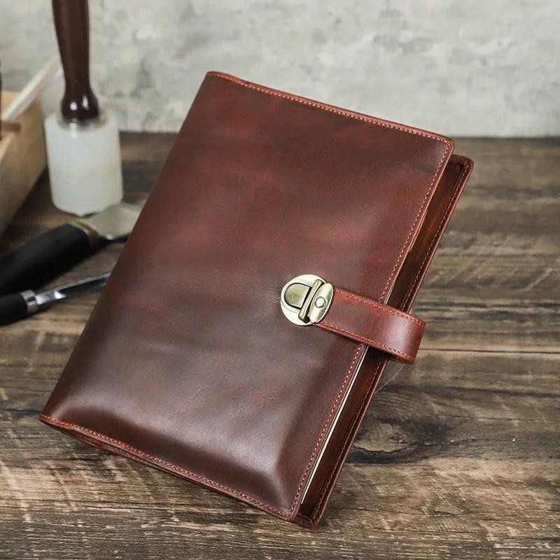 

Genuine Leather A5 Laptop Business Notebook Cover Multi Functional Locking Buckle Handmade Stationery School Office Supplies