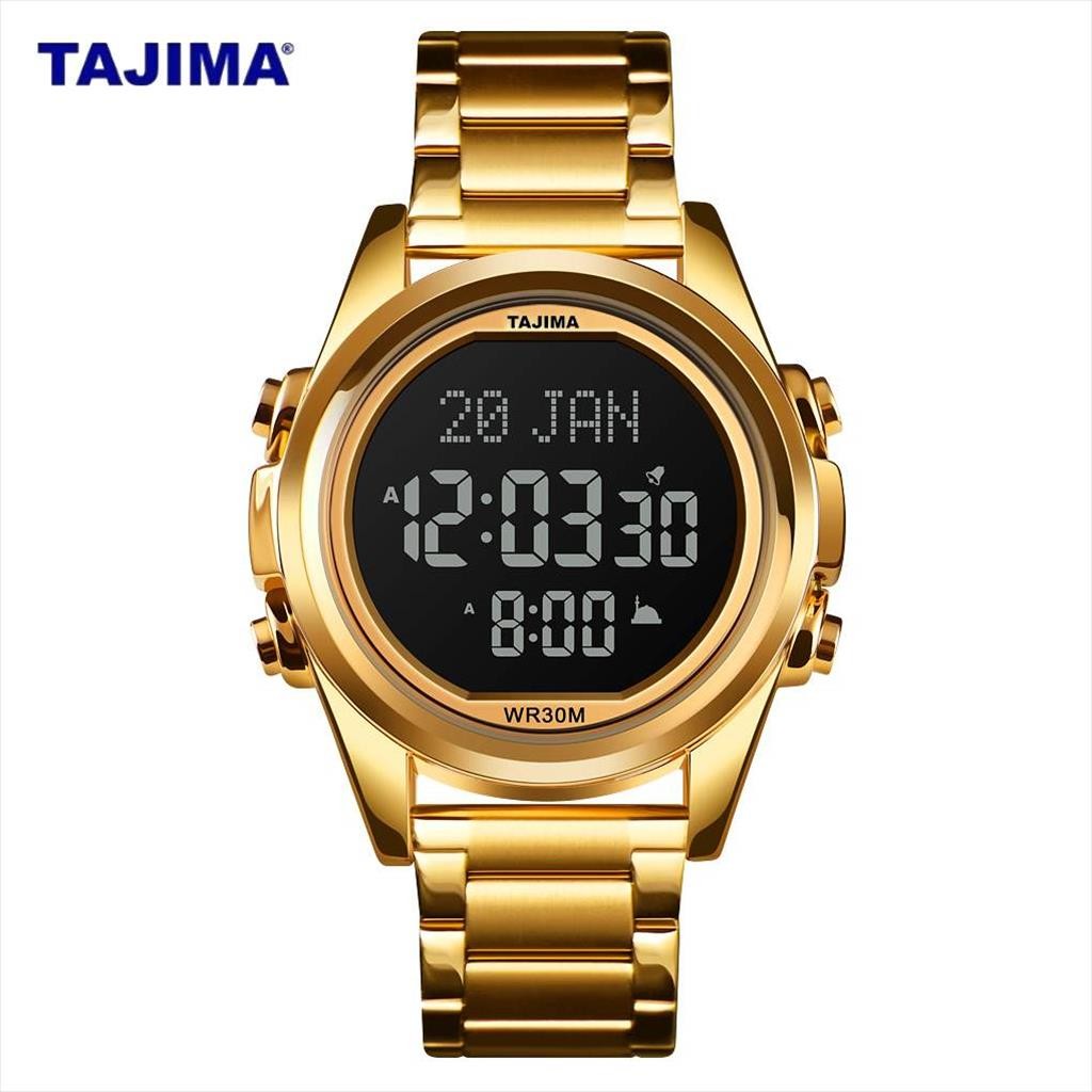 Jam Tangan Digital Pria Tajima 9443 Qibla Time Stainless Steel Original Water Resist Garansi + Free 