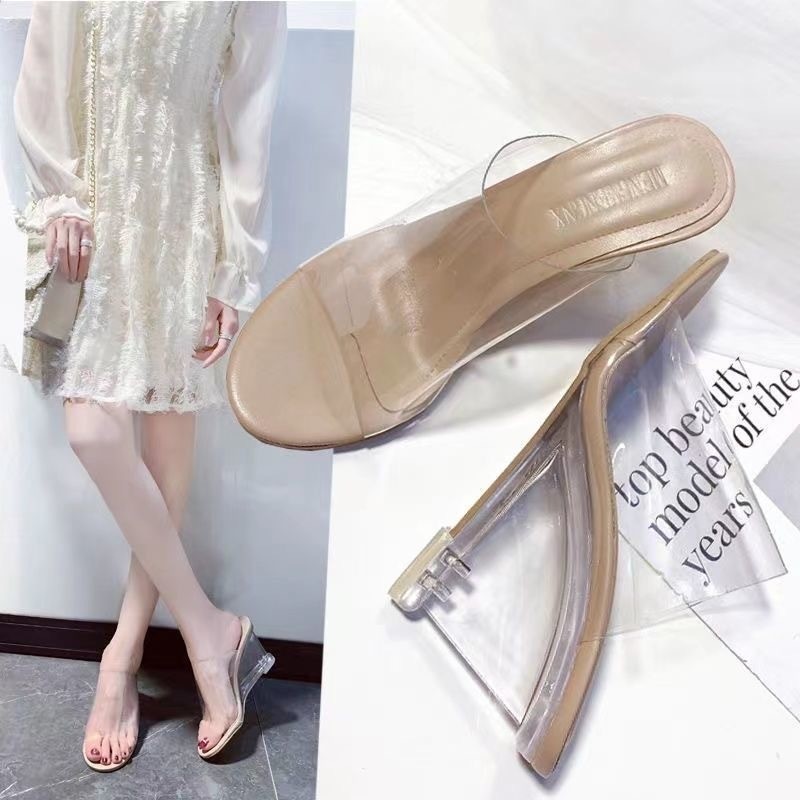 ES.COLD High Heels Wanita Transparan 8cm - Hak Kristal, Platform Anti Air, Desain Trendy untuk Pesta