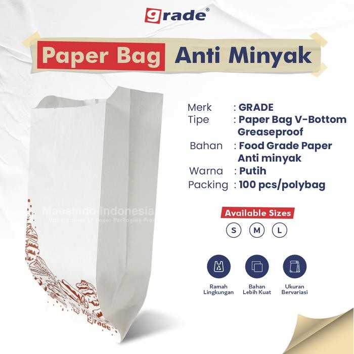 

Sale Paper Bag Kantong Kertas Roti Fried Chicken Gorengan Anti Minyak GRADE - S 13x8x22,5, Putih Polos Terlaris