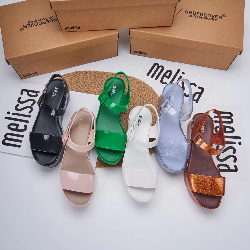 2023 Melissa Sepatu Jelly Baru Sandal Platform Sol Tebal Sandal Satu Tali Sepatu Hak Tinggi Wanita S