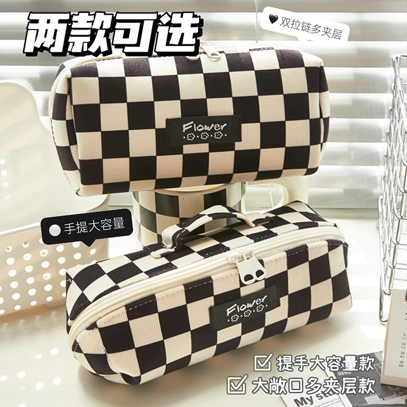 

KENSHO Kotak Pensil Sleting Bahan Corduroy Motif Kotak Catur Plaid Warna Hitam Putih / Pencil Case / Zipper