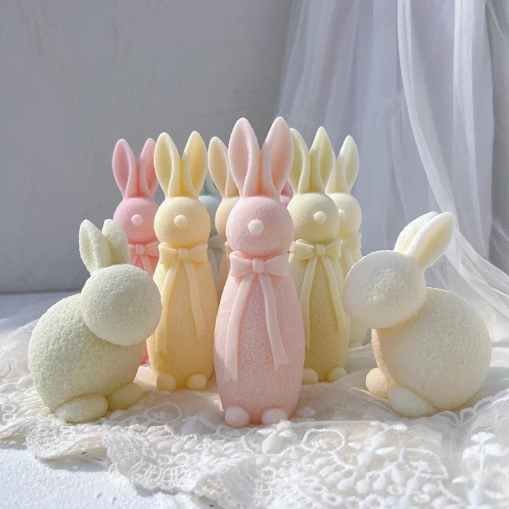 

Two Designs Flocked Rabbit Silicone Candle Molds Bowknot Bunny Silicone Mold Animal Bunnies Wax Mould Easter Home Decor