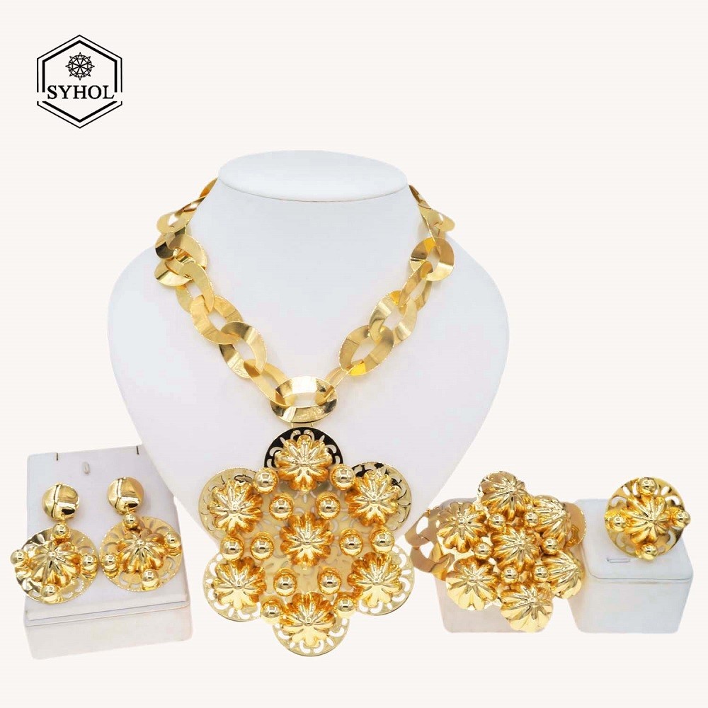 Gold Plating Jewelry 24K Gold Plated Original Jewelry Sets For Women Bud Pendant Ring Big Flower Bra