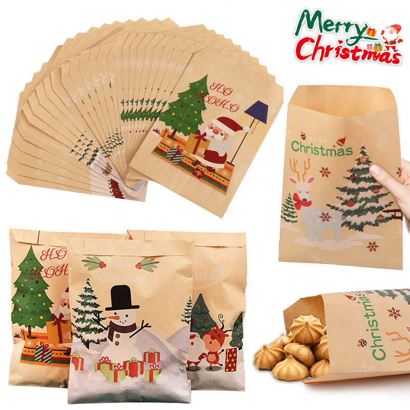 

24pcs Merry Gift Bags Santa Claus Kraft Paper Candy Cookies Bag Xmas Party Favors 2025 DIY Advent Calendar