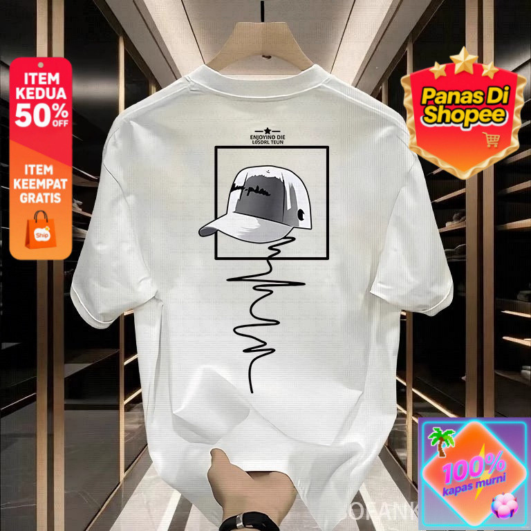 Kaos Pendek Katun Kasual Pria Shopee dengan Cetak Topi & Garis Trendy